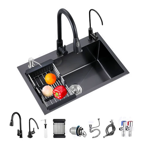 SukrHdoe Stainless Steel Drop In Kitchen Sink with 3 Holes Drop-in Topmount Single Bowl Sinks Basin With Drawable Faucet & Purified Water Tap (26.8 * 17.7 * 7.9“)