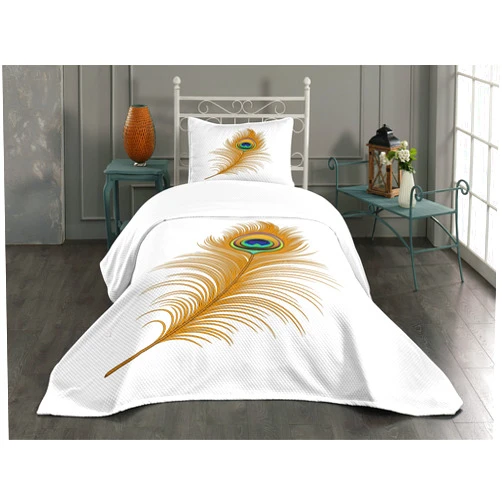 Ambesonne Peacock Bedspread Set, Exotic Alluring Bird with Feathers Wildlife Nature Image Print, 3 Piece Decorative Bedding Coverlet and 2 Pillow Shams, Twin Size, Mustard Green Navy