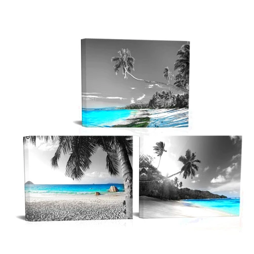 SkenoArt 3 Panels Teal Blue Canvas Wall Art Black White Hawaii Beach Pictures Tropical Palm Tree Artwork Prints for Home Office Bathroom Wall Decoration Framed Ready to Hang Seascape Painting