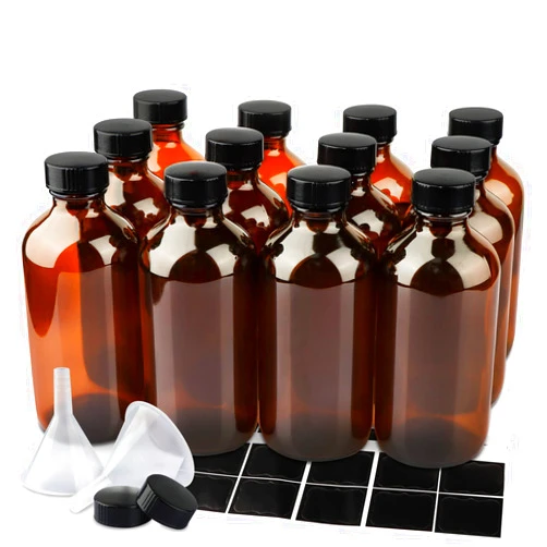 PINIWON 12 Pack 8 oz Amber Glass Bottles, 240ml Boston Round Sample Bottles with Black Poly Cone Caps, Labels and Funnels