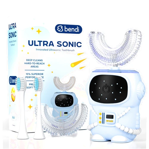 Bendi Sensory 360 Round U-Shaped Astronaut Design Mouthguard Electric Toothbrush for Kids Ages 2-7 - Automatic Memory Function - 5 Modes Toothbrush with Multiple Heads – Kids Travel Essentials (Blue)