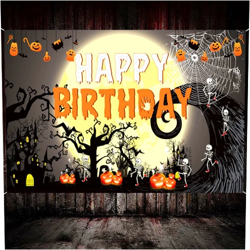 Famoby Happy Birthday Halloween Theme Fabric Sign Poster Banner Backdrop Halloween Pumpkin,Ghouls, bat,spide for Brithday Photo Booth Background Party Decoration