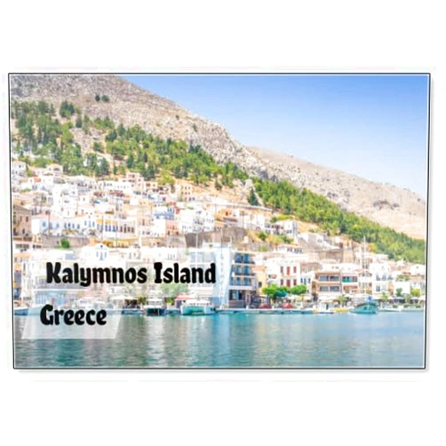 Photomagnet Beautiful Sunny Coast View to The Greek Blue Sea with Crystal Clear Water to The Traditional Town of Pothia Surrounded by Hills Mountains with Boats in Harbor, Kalymnos Island, Kos, Fridge Magnet