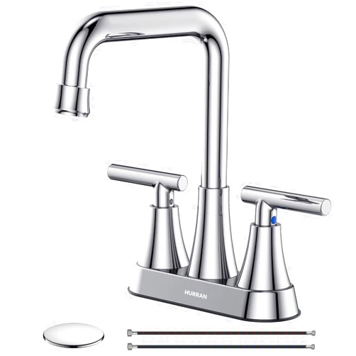 Hurran Bathroom Sink Faucet, Hurran 4 inch Chrome Bathroom Faucets for Sink 3 Hole with Pop-up Drain and Supply Lines, Stainless Steel 2-Handle Centerset Faucet for Bathroom Sink Vanity RV Restroom