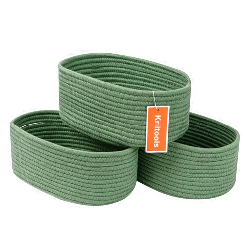 Kriitools Shelf Storage Baskets for Organizing|Decorative Basket for Closet Storage|Toy Baskets&Bins|Small Woven Rope Baskets-13x8.66x5.11’’,Durable&Stylish,Oval 3 Packs Green