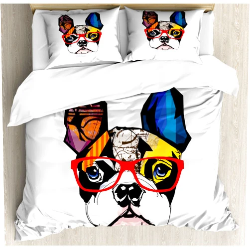 Lunarable Art Duvet Cover Set, French Bulldog Portrait with Hipster Glasses Abstract Modern Colorful Ears and Eyes, Decorative 3 Piece Bedding Set with 2 Pillow Shams, King Size, Yellow Ruby