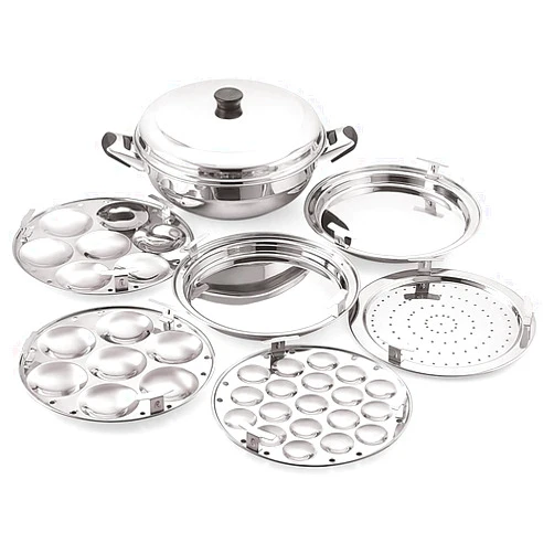 T TABAKH Tabakh Stainless Steel Multi Kadai with Steamer Plate, Mini Idli Plate, 2 Idli Plates, 2 Dhokla Plates, Induction Friendly