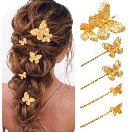 BARTOSI Butterfly Hair Clips Gold Bridal Hair Pins Bride Wedding Hair Pieces Hair Accessories for Women and Girls (Pack of 5)