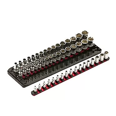 ARES 60143 - SOCKET VAULT™ 3-Piece 17-Inch Red Socket Rail Set with Organizer Tray – Reinforced Plastic Tray Holds 3 Aluminum Rails Locked in Place – 50 1/4-Inch, 3/8-Inch, and 1/2-Inch Drive Clips 17