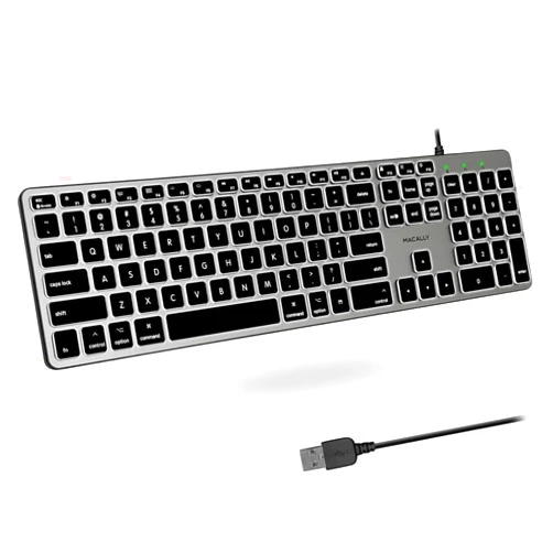 Macally Backlit Mac Keyboard Wired - Quiet, Sleek, and Functional - 3 Brightness Levels, 107 Keys - 5ft USB Wired Apple Keyboard - Backlit Wired Keyboard for Mac, iMac, MacBook Pro/Air - Space Gray