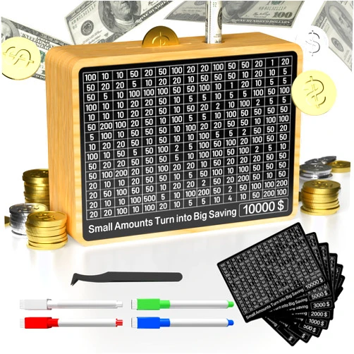 Hopefire 10000 Savings Box Challenge Money with 8 Targets ($500-$10k) Cash Vault Wooden Money Saving Box 10000 Piggy Bank for Kids Adults Reusable Coin Bank with Dry Erase Pen for Girls Boys Birthday