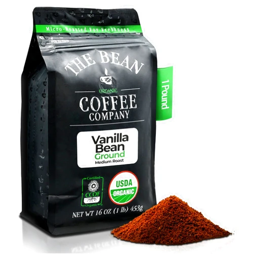 The Bean Coffee Company The Bean Organic Coffee Company Vanilla Bean, Medium Roast, Ground Coffee, 16-Ounce Bag,Café molido tostado organico