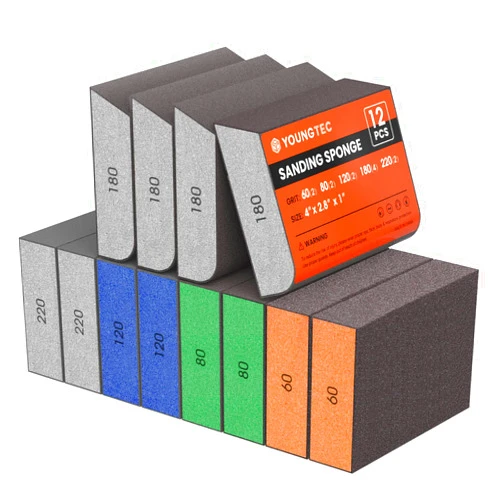 YOUNGTEC 12 Pack Sanding Sponge, Coarse & Fine Sanding Sponges in 60/80/120/180/220 Grit Assortment Washable and Reusable