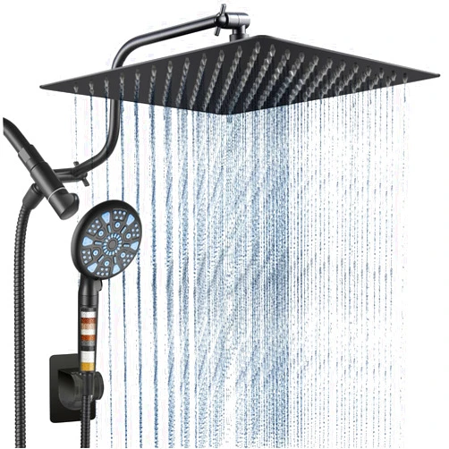 Cobbe 12 Inch All Metal 3-Way Rain Shower Head, High Pressure Shower Head, Dual Shower Heads with Handheld Spray Combo - Upgrade Extension Arm Height Adjustable - 9 Spray Filtered Shower Head, Black