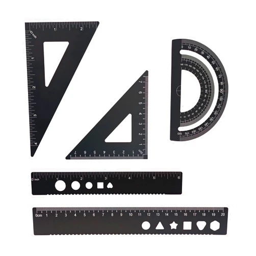 Zotemo 5 Pcs Metal Geometry Set, Math Drafting Ruler Kit- Aluminum Triangle Rulers, Protractor, 8 Inch and 6 Inch Drawing Ruler, Measuring Tool for School and Office (Metric and Imperial, Black)