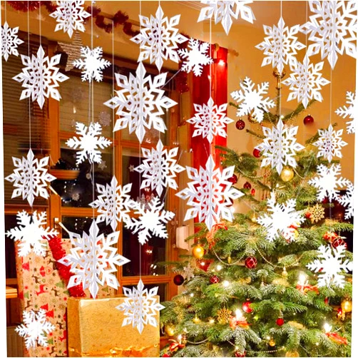 OuMuaMua Winter Christmas Hanging Snowflake Decorations, 12PCS Snowflakes Garland & 12PCS 3D Glittery Large White Snowflake for Christmas Winter Wonderland Holiday New Year Party Home Decorations