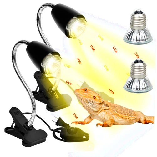 BOEESPAT Pack of 2 Heat Lamp with 360° Rotatable Hose and Timed, 2 Pcs Heating Lamp Clips with 4 Bulbs Inside, UVA UVB Reptile Lamp Light for Bearded Dragon,Turtle,Snake,Lizard