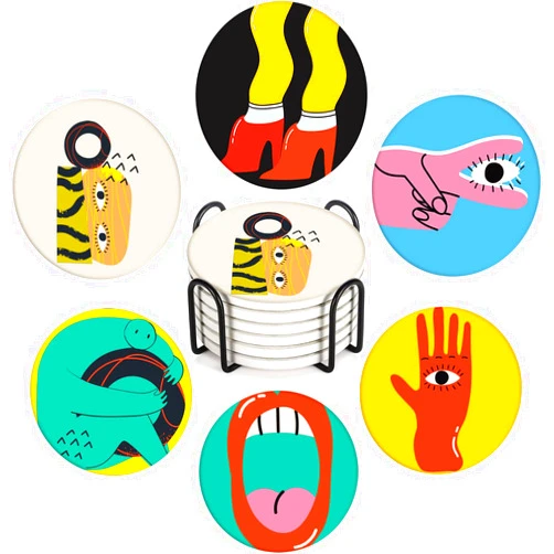 Britimes Table Coaster for Drinks Set of 6, Cute Funny Vintage Music Retro Geometric Coffee Absorbent Round Ceramic Stone Mat, with Cork Base and Metal Holder, Gift for Housewarming Room Bar Decor