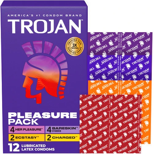 Trojan Pleasure Pack, Assorted Latex Lubricated Condoms for Men, Her Pleasure, Bareskin Studded, Ecstasy & Charged Varieties, 12 Count