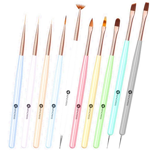 KINGMAS Nail Art Brushes, 10Pcs Nail Gel Polish Painting Brush Drawing Pen, Nail Liner Brush and Nail Dotting Pen Nail Dust Cleaning Brush