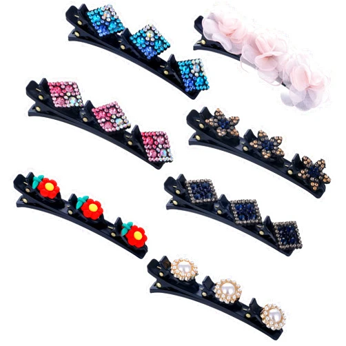 SENNI 7PCS Sparkling Crystal Stone Braided Hair Clips Hairpin Duckbill Clip with 3 Small Clips Flowers For Womens Girls Satin Fabric Hair Bands, Rhinestone Hair Clips Hair Accessories Gift (Style 6)
