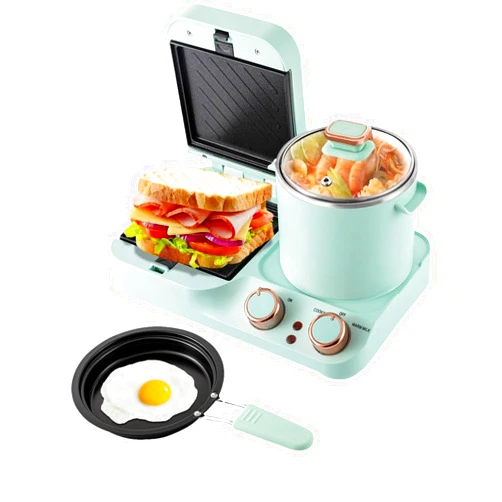 TREMENPOW 4 in 1 Breakfast Station Sandwich Maker with Removable and Nonstick Frying Pan, Boiling Pot, Food Steamer, 110V Electric Retro Mini Household Breakfast Machine Toaster for Waffle Egg Bacon Noodles