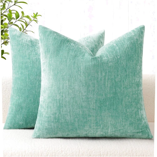 decorUhome Chenille Aqua Haze Throw Pillow Covers 18x18 Inch Set of 2, Decorative Soft Couch Pillow Covers Solid Dyed Accent Velvet Farmhouse Neutral Square Pillow Cases for Sofa Bed Living Room