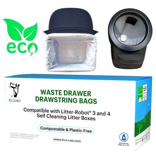 EcoLeo, Compatible with Litter-Robot 4 & 3, Compostable, Plant-based, Drawstring Liner Bags, Fits Leo's Loo Too & Catlink Automatic Litter Box Waste Drawer, Improved Thick