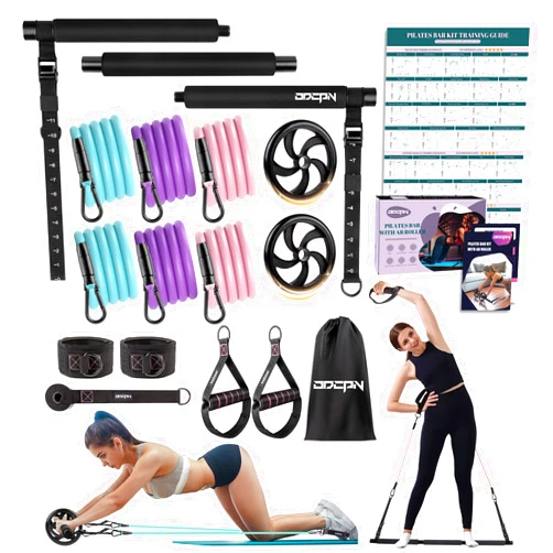 ODCPN Pilates Bar Kit with Resistance Bands, Multifunctinal Exercise Bar with Ab Roller for Pilates/Abs/Weight Loss, Portable Home Gym Pilates bar kit for Full Body Training Women