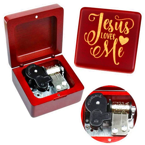 Sinzyo Music Box Vintage Wood Carved Mechanism Musical Boxs Gift For Birthday Valentine's Day Christmas Day(Jesus Loves Me-Wine Red Box)