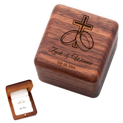 Asakora Custom Wooden Ring Box, Personalized Engraved Text and Pattern, for Wedding Ceremonies and Proposal/Engagement Rustic Ring Holder Box, Ring Storage Box
