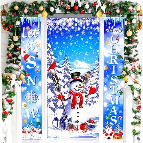 RUMIA 3PCS Winter Christmas Door Decorations Banner Winter Snowman Door Cover and Let It Snow Merry Christmas Front Door Porch Banner Sign for Winter Welcome Christmas Holiday Party Indoor Outdoor Decor