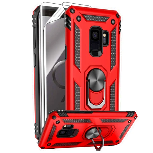 Androgate for Samsung Galaxy S9 Case with HD Screen Protectors, Military-Grade Metal Ring Holder Kickstand 15ft Drop Tested Shockproof Cover Case for Samsung Galaxy S9 (2018), Red