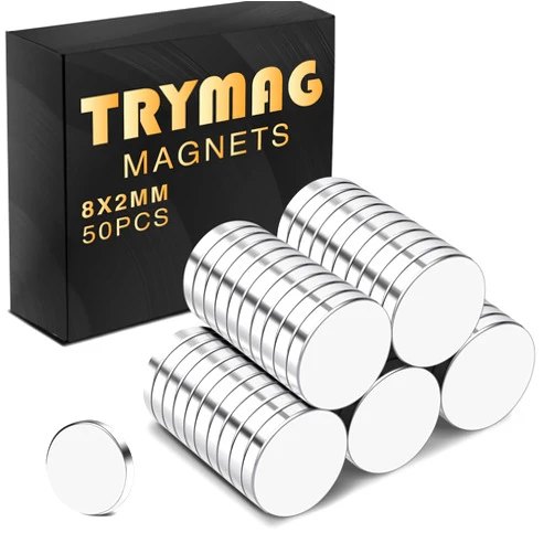 TRYMAG Refrigerator Magnets 8x2mm 50Pcs, Small Round Rare Earth Magnets, Tiny Strong Neodymium Disc Magnets for Whiteboard, Fridge, Office, Hobbies, Crafts and Dry Erase Board