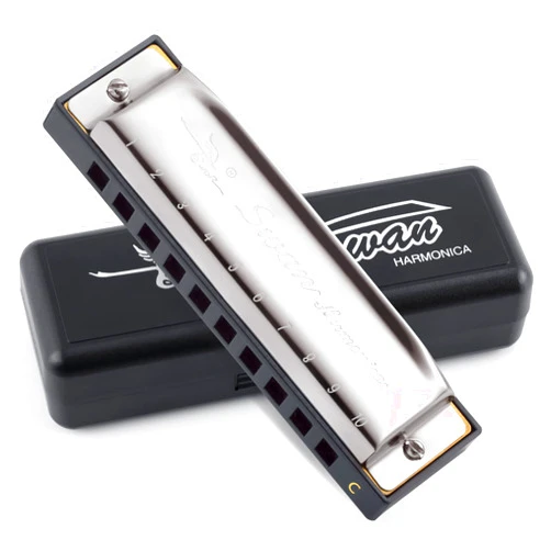 SWAN Blues Harmonica C Key for Kids Adults, 10 Hole Diatonic Harmonica Key of C, Metal Blues Harp for Beginners Students, Mouth Organ in Case, Silver