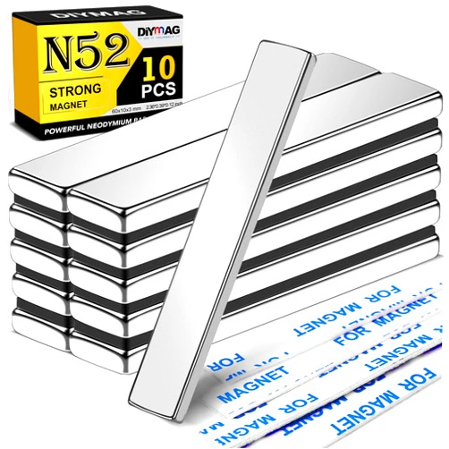 DIYMAG N52 Powerful Neodymium Bar Magnets, Heavy Duty Magnets with Double-Sided Adhesive, Rare Earth Magnet Perfect for Fridge, DIY, Garage, Kitchen, Science, Craft, Office-60x10x3mm, 10 Pack