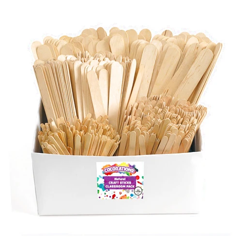 Colorations Assorted Sizes Natural Wood Craft Sticks Tongue Depressors, 1200 Piece Classroom Pack, All Natural, , 1mm Thick, Jumbo, Large, Regular, and Mini (Item # CPCS)