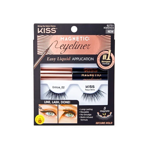 KISS Magnetic Eyeliner & Lash Kit, Entice, 1 Pair of Synthetic False Eyelashes With 5 Double Strength Magnets and Smudge Proof, Biotin Infused Black Magnetic Eyeliner with Precision Tip Brush