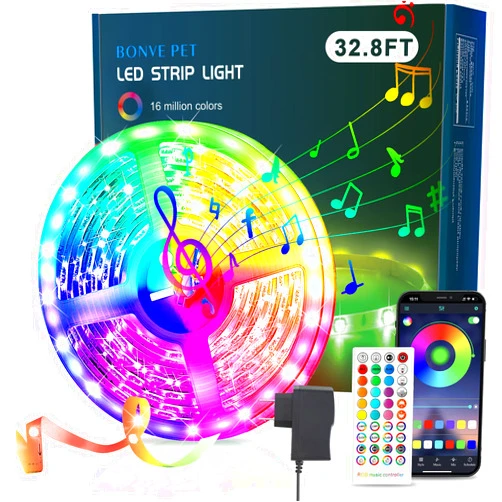 Bonve Pet 32.8ft Led Strip Lights 5050 RGB LED Smart Music Sync Color Changing LED Lights Strips with Remote Led Lights for Bedroom,Home, Room, TV, Christmas Party