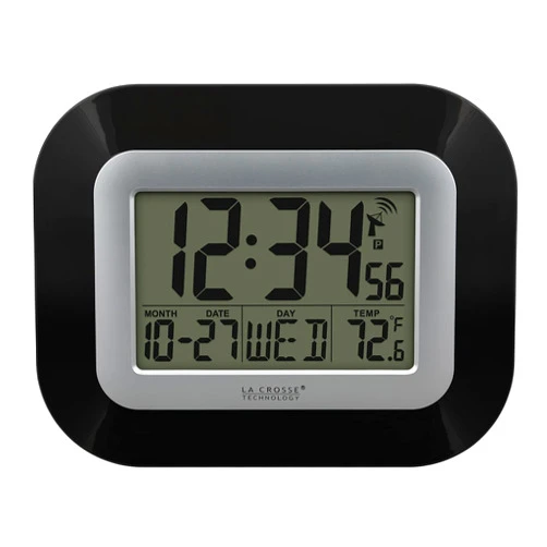 La Crosse Technology WT-8005U-B-INT Atomic Digital Wall Clock with Indoor Temperature, Black,