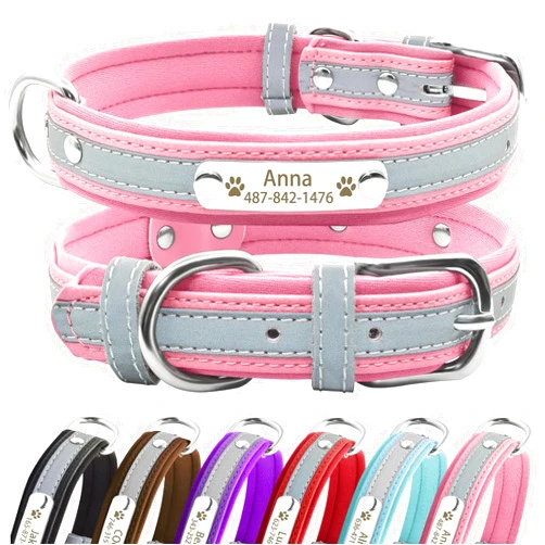 Senristar Personalized Reflective Dog Collars with Neoprene Padded,Custom Engraved Dog Collar with Name Plate for Small Medium Large Dogs (XS,Pink)