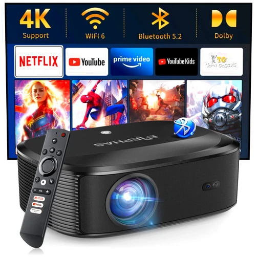 ELEPHAS 4K Projector with Wifi and Bluetooth, ELEPHAS Outdoor Movie Projector with NETFLIX/Prime Video/YouTube Built-in, 100,000+ Apps Supported, Video Projector Compatible with HDMI/USB/iOS/Android/Windows