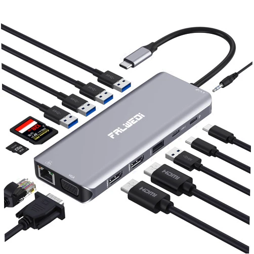 FALWEDI USB C Laptop Docking Station, 14 in 1 Type C Hub Multiport Adapter Dongle with 3 Monitors, Dual HDMI, VGA, PD, Ethernet, SD/TF, USB C/A Ports, Mic/Audio, Compatible for Dell/Surface/HP/Lenovo Laptops
