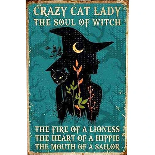 Laroom Vintage Crazy Cat Lady The Soul Of Witch Gift Halloween Metal Tin Poster Indoor Outdoor Home Bar Coffee Kitchen Wall Decor Halloween Painting Metal Plate 8x12 Inch, Green