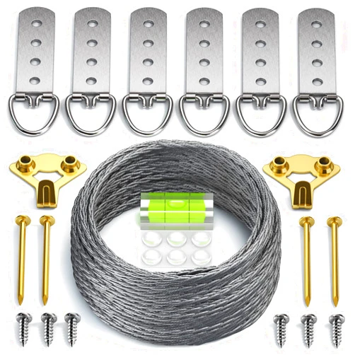 LuckyBeeBo Heavy Duty Picture Wire Hanging Kit - D-Ring, Screws, Hanging Hooks,Level. Supports up to 100 lbs 50+ Feet (15.25M) Stainless Steel Wire Hanger