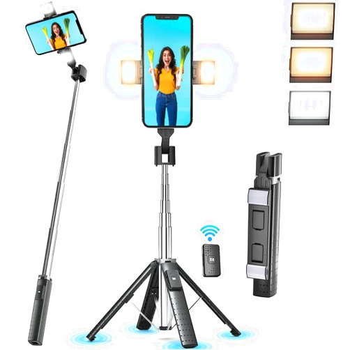 Sanyaa 41” Selfie Stick Tripod Quadrapod with 2 Rechargeable Fill Light, Extendable Tripod with Bluetooth Remote, Stainless Steel, 3 Light Modes, 9 Brightness Levels, Compatible for All iPhone & Android
