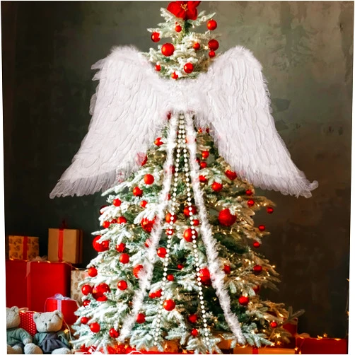 Seenelling 25 x 43 Inches Christmas Angel Shaped Large Wing Ornament Christmas Tree Angel Feather Wings with Feather Ribbon and Long Pearl Chains Hanging Decor Xmas Tree Topper for Xmas Holiday