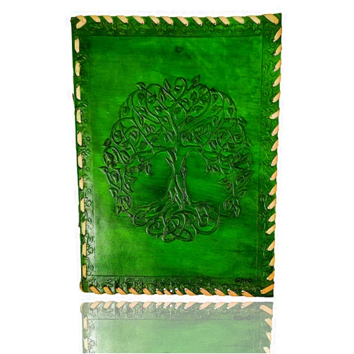 GifteQ Handmade Vintage Leather Bound Diary/Journal/Notebook/Writing Book (Blank) with Engraved Tree of Life Design for Girls/Boys/Men/Women (Green, 9