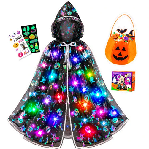 Jeowoqao Light up Witch Cape, Halloween Costumes for Girls Halloweens Dress up with Trick or Treat Bag for Girl 3 4 5 6
