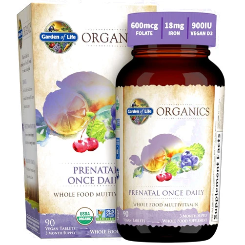 Garden of Life Organics Prenatal Vitamin: Folate for Energy & Healthy Fetal Development, Non-constipating Iron, Vitamin C, B6, B12, D3 – Organic, Non-GMO, Gluten-Free, Vegan, 90 Day Supply